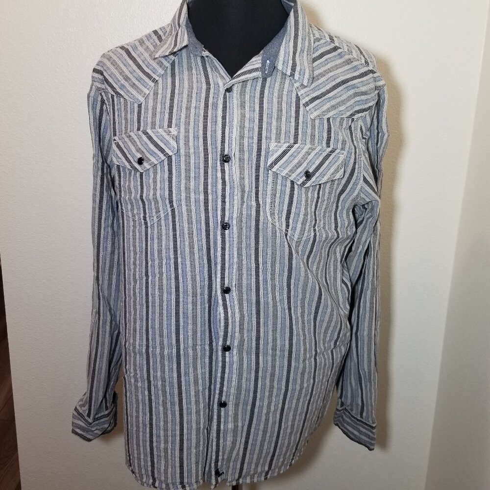 Cody James Mens XL Gray Button Up Long Sleeve‎ Stripe Shirt Pearl Snap Western